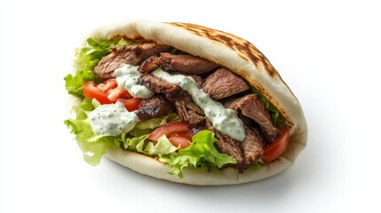 A perfectly grilled lamb gyro with a soft pita, tender lamb slices, fresh lettuce
