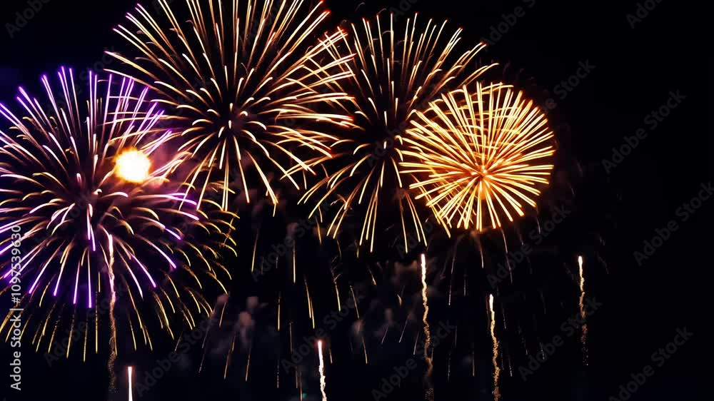 Poster vibrant fireworks display exploding in night sky with colorful patterns and bursts