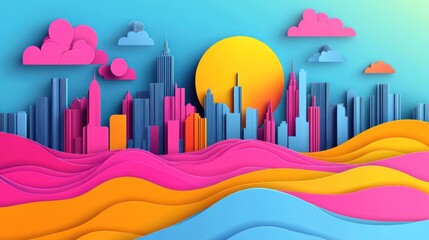 A vibrant, stylized city skyline at sunset with colorful waves in the foreground.