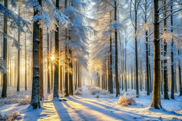sunrise in the forest A sun-drenched snowy forest with tall, snow-covered trees.