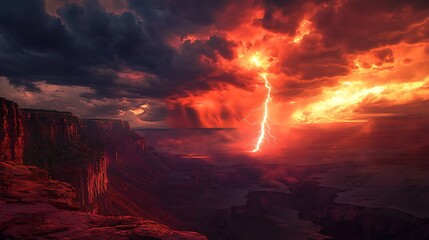 Explosive red clouds and lightning over an ancient canyon, dark skies with glowing edges,