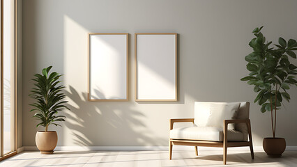 Bright white and cream Interior wall design, apartment with cozy atmosphere, framed poster picture on the wall.