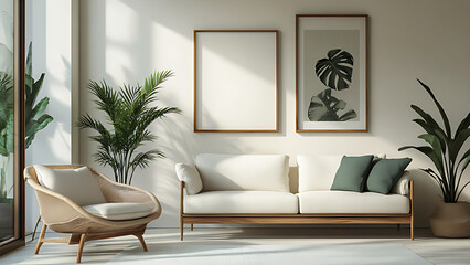 Bright white and cream Interior wall design, apartment with cozy atmosphere, framed poster picture on the wall.