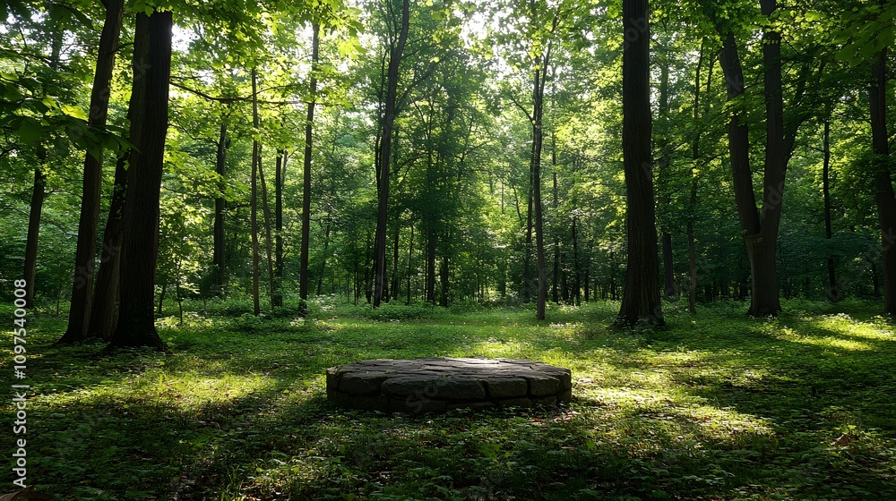 Poster 22. a dense forest glade with a stone podium surrounded by towering oaks and soft forest floor folia