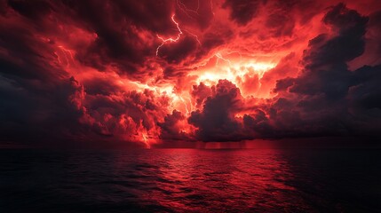 Intense red storm clouds lit up by lightning streaks above a vast ocean, stormy chaos,