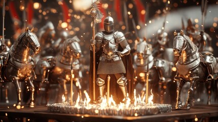 A knight in armor stands amidst fiery candles, surrounded by armored horses.