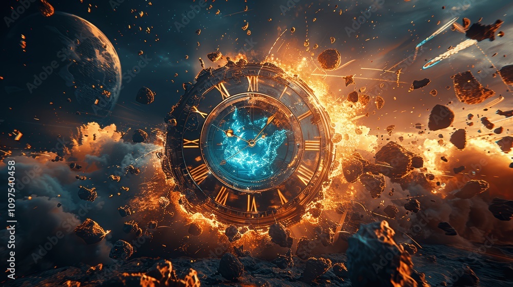 Poster energy clock frozen in time with exploding debris around earth
