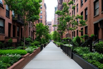 Fototapeta premium Gentrified streets with vibrant green spaces, blending urban living with nature's tranquility.