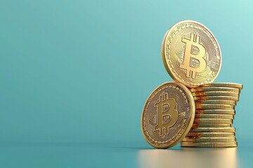 Bitcoin token stacked coins global cryptocurrency market digital assets minimalist background close-up view financial concept