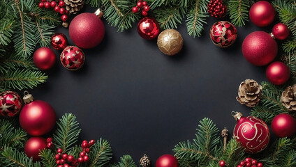Des boules de noël et du sapin avec des décorations de noël sur fond d'ardoise noire évoquant les fêtes de fin d'année et la célébration de noël