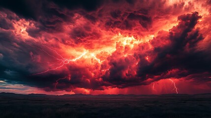 Fototapeta premium Intense red thunderstorm clouds glowing with electric veins above an open plain, surreal chaos,