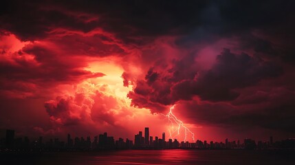 Red thunderstorm clouds with lightning striking the edge of a distant city skyline, cinematic energy,
