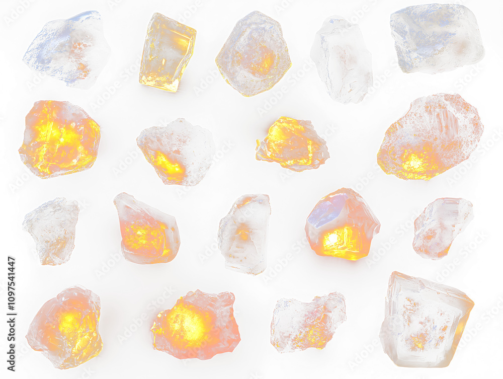 Poster collection of amber stones with various shapes and colors isolated on black transparent background.