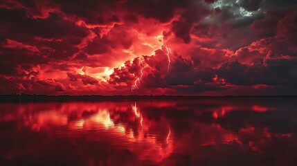 Fototapeta premium Dynamic red clouds with arcs of lightning across a quiet, darkened lake, eerie calmness,