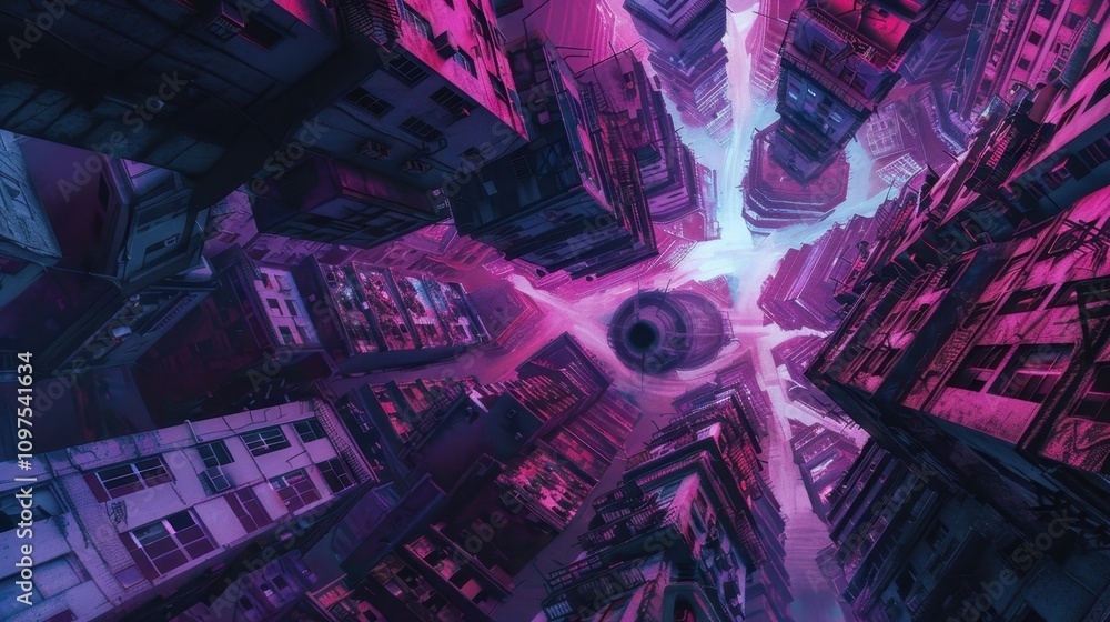 Poster a twisted and distorted cityscape with buildings leaning at impossible angles and streets spiraling 