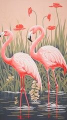 Fototapeta premium Gold pink silver flamingoes drawing animal nature.