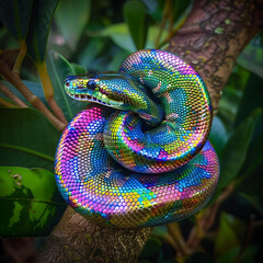 Fototapeta premium Vibrant Iridescent Snake Coiled on Tree Branch Surrounded by Lush Green Foliage in a Tropical Setting