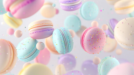 Colorful Macarons Floating in Air with Sprinkles and Soft Pastel Background for Food, Dessert, and Celebration Themes in Stock Photography