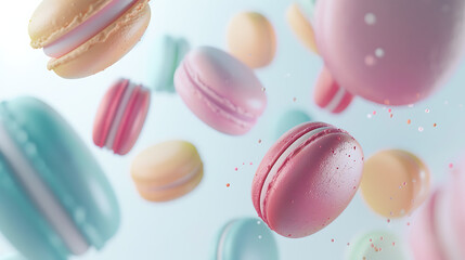 Obraz premium Colorful Macarons Floating in Air with Droplets, Capturing a Delightful and Whimsical Dessert Scene Perfect for Culinary and Sweet Treat Photography