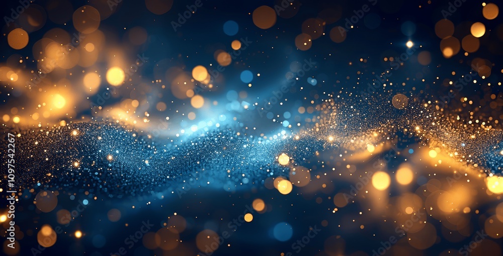 Poster elegant dark blue and gold glitter background with bokeh lights and particles
