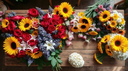 Vibrant Sunflowers and Roses Arranged on Wooden Tabletop for Floral Design Inspiration