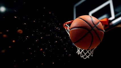 A basketball is in the air, about to go through the net