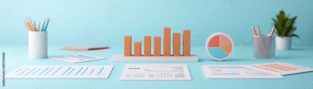 Poster a modern workspace featuring graphs, charts, and stationery on a turquoise background, emphasizing d