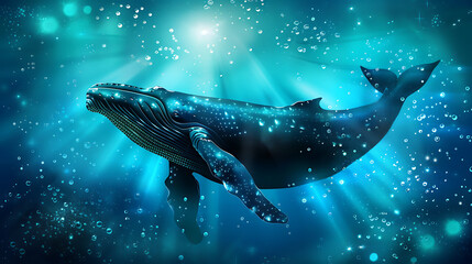 Fototapeta premium Majestic Humpback Whale Swimming Gracefully Through Crystal Clear Ocean Waters Surrounded by Glowing Bubbles and Sunlight Rays