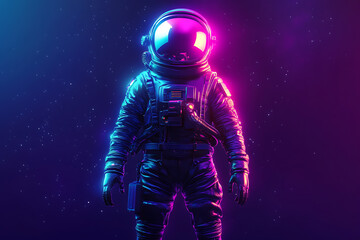 A vibrant astronaut in a futuristic design, illuminated by neon colors in a cosmic setting.