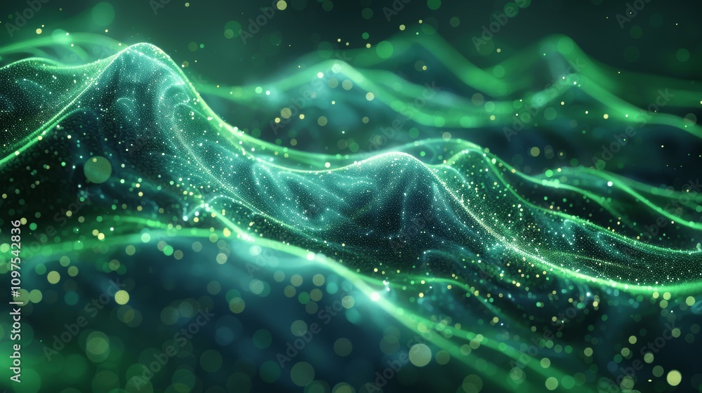 Poster green and blue abstract technology background with digital wave lines