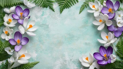 A serene arrangement of colorful flowers and ferns on a textured background.