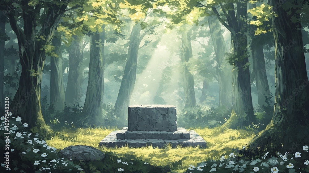 Poster 22. a dense forest glade with a stone podium surrounded by towering oaks and soft forest floor folia