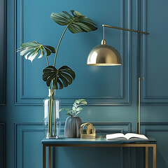 Elegant Home Interior with Green Monstera Plant, Stylish Desk Lamp, and Modern Decorative Elements Against a Blue Paneled Wall