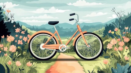 Fototapeta premium A vibrant, illustrated bicycle rests on a pathway surrounded by colorful flowers and lush mountains, embodying a serene outdoor adventure.