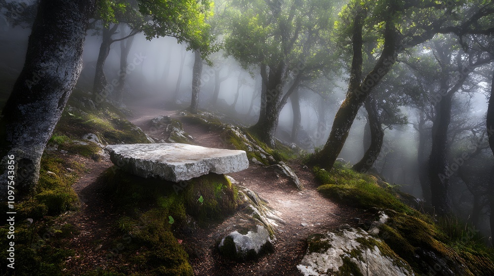 Poster 18. a misty forest path with a smooth stone podium in the clearing, surrounded by ancient trees and 