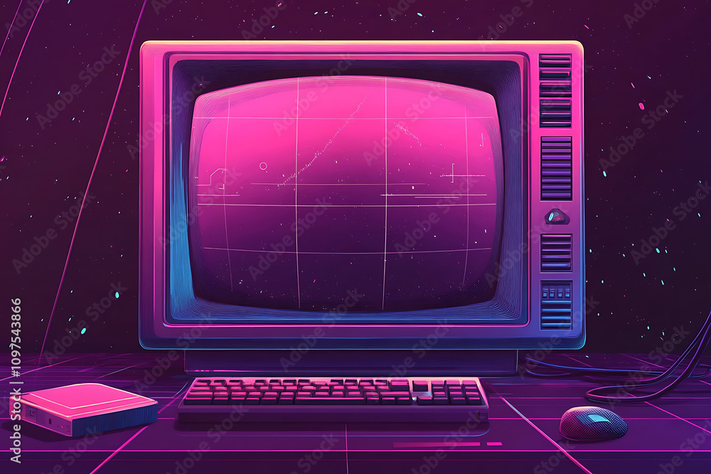 Poster retro computer setup with a glowing screen and keyboard in a vibrant, digital environment.