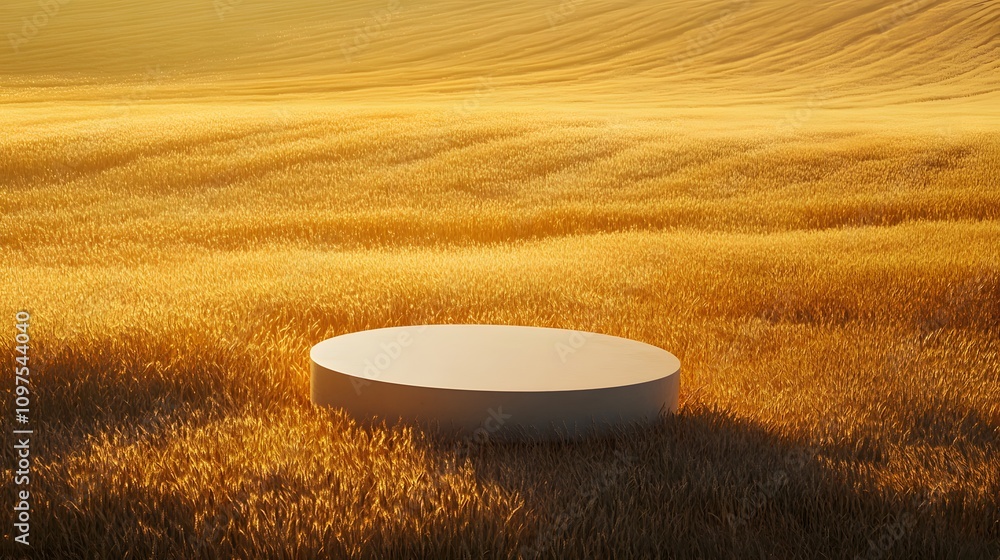 Poster 19. a golden wheat field at harvest time with a simple podium resting at the center, the sun casting