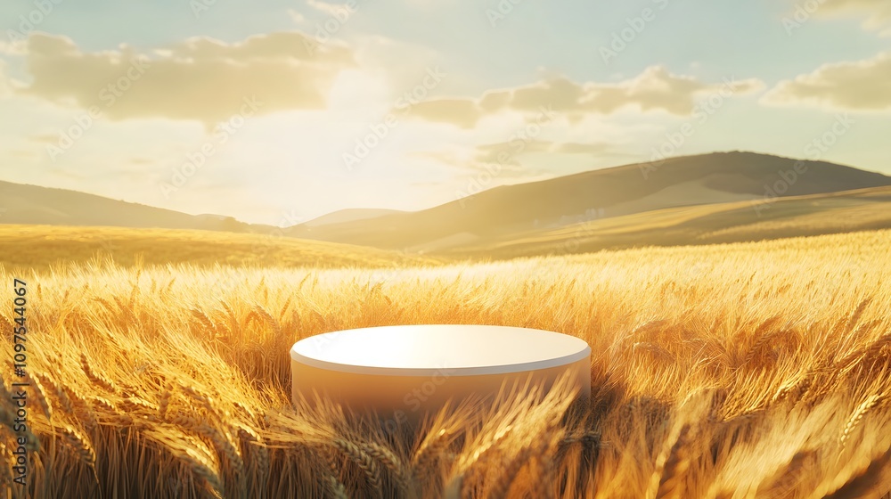 Poster 19. a golden wheat field at harvest time with a simple podium resting at the center, the sun casting