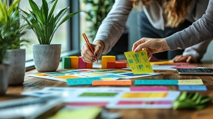 Obraz premium Creative Workspace with Colorful Stickers and Plant, Focus on Hands Organizing Materials for a Project, Bright Natural Light, Modern Office Environment
