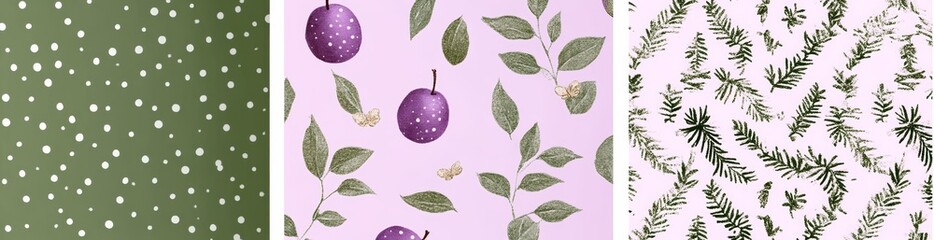 Seamless Pattern with Plums Leaves Dots and Stripes Minimalist Design
