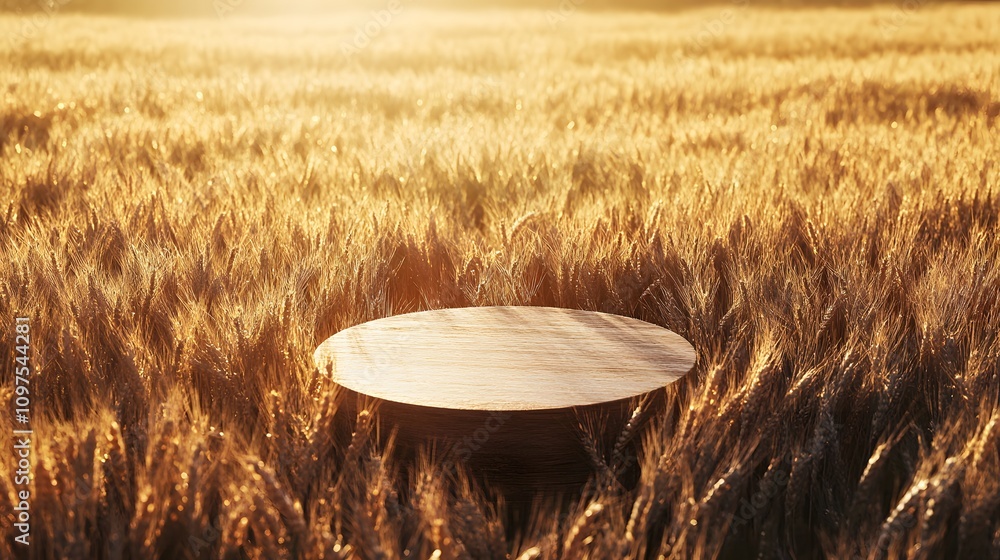 Poster 19. a golden wheat field at harvest time with a simple podium resting at the center, the sun casting