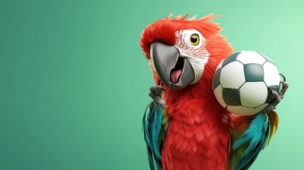 Fototapeta premium A colorful parrot joyfully holding a soccer ball against a green background.