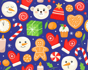 Seamless Christmas pattern. Bear, mittens, snowman, gingerbread, gift, candle, candy and clock. Blue background. New Year's pattern for wrapping paper, textile, print.