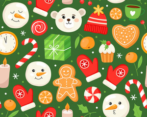 Seamless Christmas pattern. Bear, mittens, snowman, gingerbread, gift, candle, candy and clock. Green background. New Year's pattern for wrapping paper, textile, print.