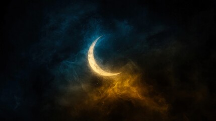 Fototapeta premium A stunning crescent moon illuminates swirling clouds of blue and orange hues, creating an ethereal night sky scene, Ideal for use in fantasy designs, backgrounds, and celestial-themed projects,