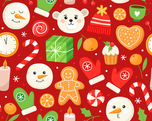Seamless Christmas pattern. Bear, mittens, snowman, gingerbread, gift, candle, candy and clock. Red background. New Year's pattern for wrapping paper, textile, print.