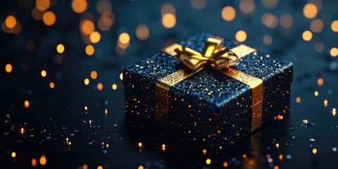 Black gift box with gold bow