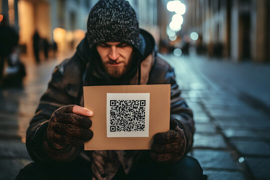 Homeless man holding a cardboard sign with a QR code, symbolizing modern digital solutions for seeking help in urban settings