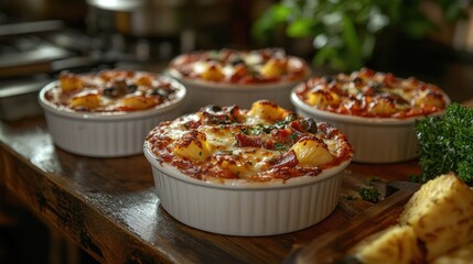 Delicious Homemade Hawaiian Pizza Bites in White Ramekins