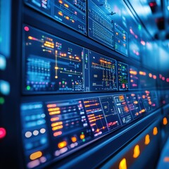 Obraz premium Futuristic Control Panel Interface: High-Tech Digital Displays and Data Monitoring System